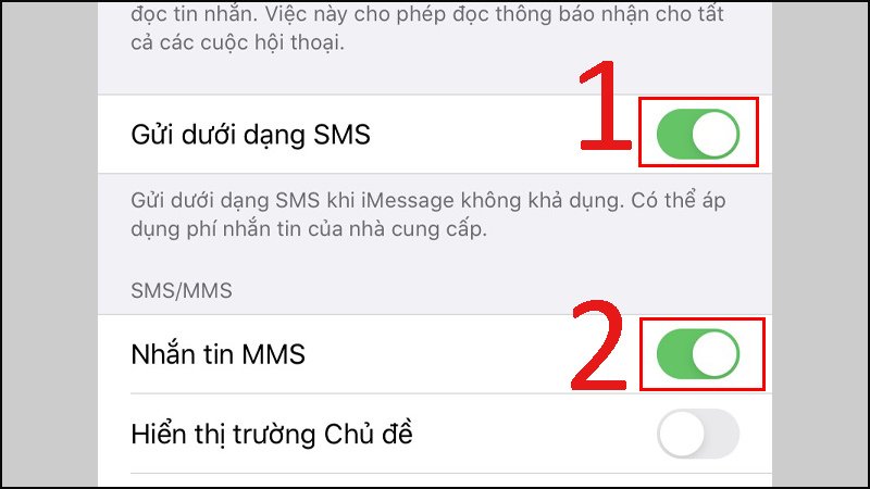 Cuộn xuống và bật tính năng Gửi dưới dạng SMS/MMS